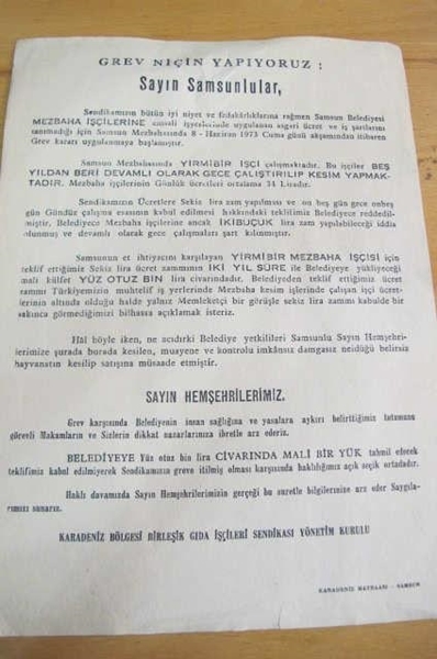 1973 SAMSUM MEZBAHA İŞCİLERİ GREV BROŞÜR resmi