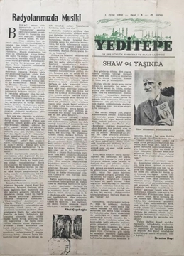 Picture of Yeditepe On Beş Günlük Edebiyat ve Sanat Gazetesi: Sayı 8 / 1 Eylül 1950 (Radyolarımızda Musiki - Shaw 94 Yaşında)